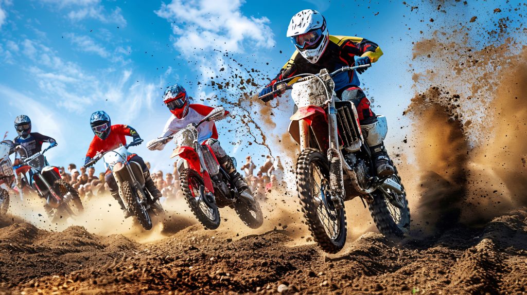 Quatro motociclistas de motocross correndo em uma pista de terra, com espectadores e poeira levantando atrás.