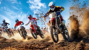 Quatro motociclistas de motocross correndo em uma pista de terra, com espectadores e poeira levantando atrás.