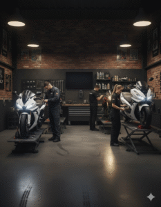 Equipe de mecânicos realizando manutenção preventiva e reparos em motocicletas em uma oficina profissional. O cenário demonstra organização, equipamentos especializados e um ambiente de trabalho industrial moderno.