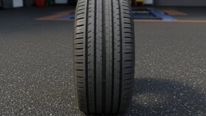 Visão frontal detalhada de um pneu novo com sulcos profundos e definidos. A imagem ilustra o padrão de segurança exigido pela fiscalização no Amazonas, destacando a banda de rodagem ideal para evitar aquaplanagem e multas por pneu careca.