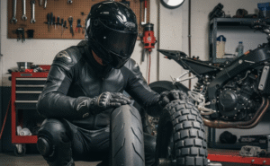 Um motociclista com traje de couro preto completo e capacete agachado em uma oficina mecânica. Ele está com as mãos sobre dois pneus de moto diferentes: um pneu 'slick' de alto desempenho à esquerda e um pneu com cravos para uso off-road à direita.