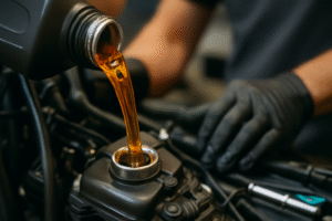 Mecânico usando luvas pretas despeja óleo novo de um frasco prateado em um funil inserido no motor de uma motocicleta preta. Close detalhado do serviço de troca de óleo para moto.